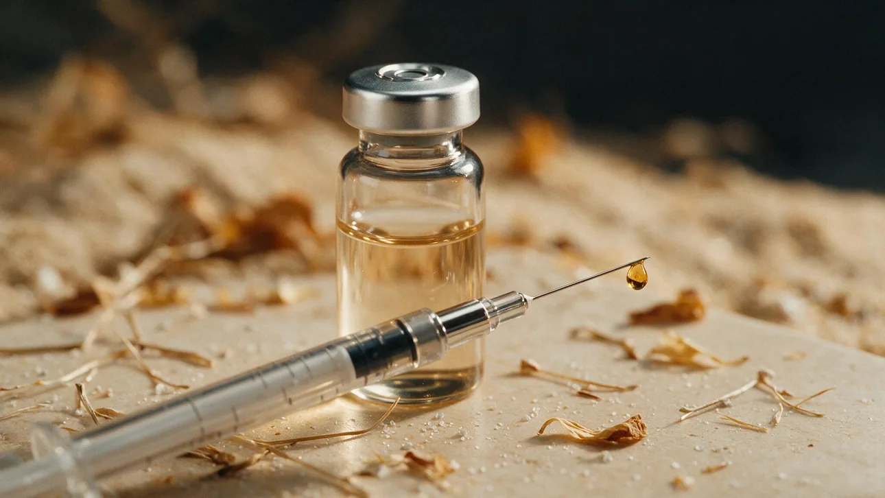 Cam serum ampulü ve ince enjektörün yakın plan görüntüsü — ameliyatsız estetik