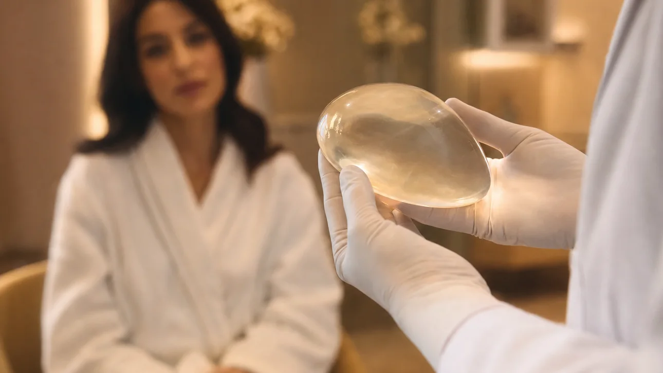 Plastik cerrahın eldivenli elinde silikon meme implantı, arka planda bornozlu danışan — meme estetiği