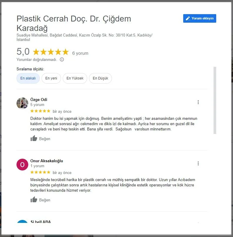 Estetik Cerrah Doç. Dr. Çiğdem Karadağ Yorumları